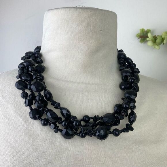 Black Faceted Bead Statement Necklace | 4 strand - Picture 3 of 5